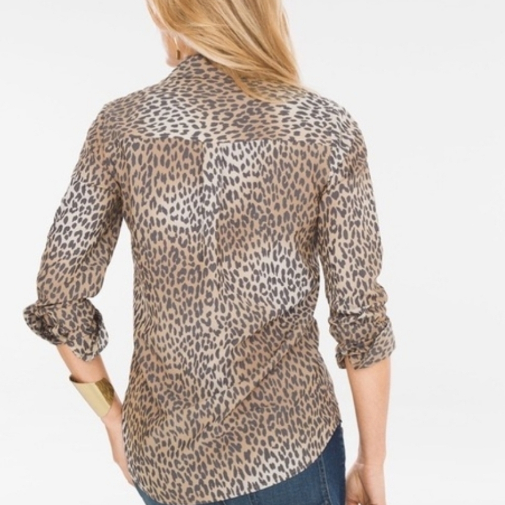 Chico's Leopard Print No-Iron Modal Blend Button Down Blouse Size 2 (Lg) Ombre - Picture 3 of 14